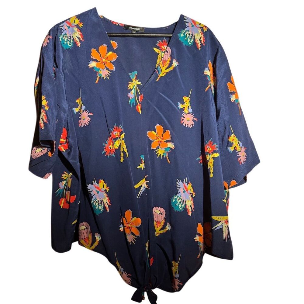 Madewell Women's 3X Silk Tie Front Blouse Floral V-Neck Short Sleeve